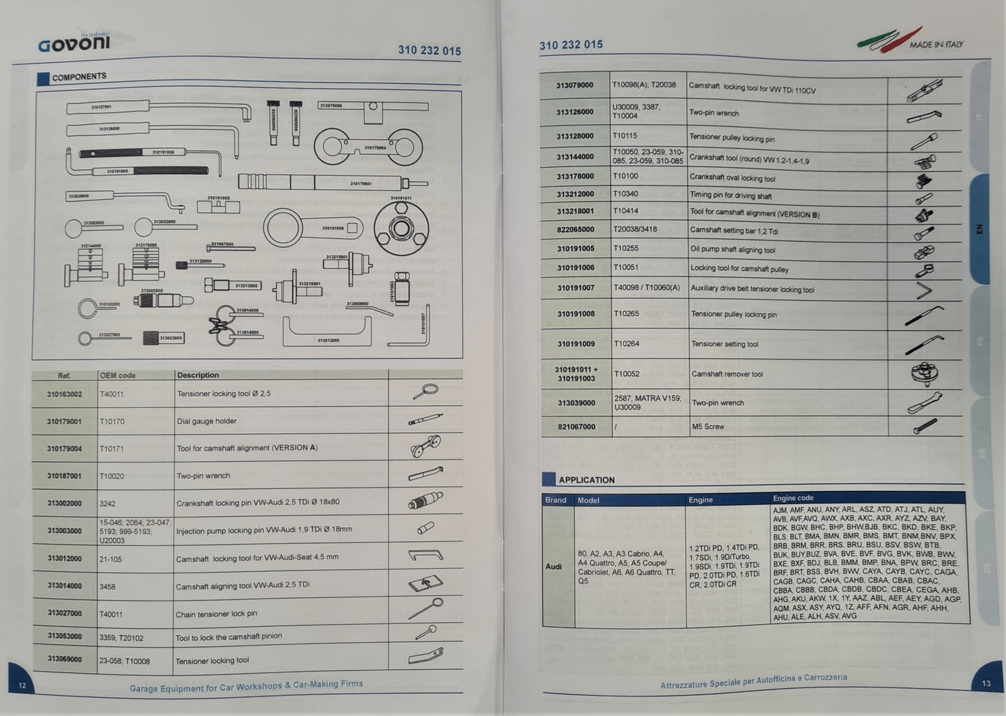 Govoni VW Group Diesel Timing Set Tool descriptions and applications