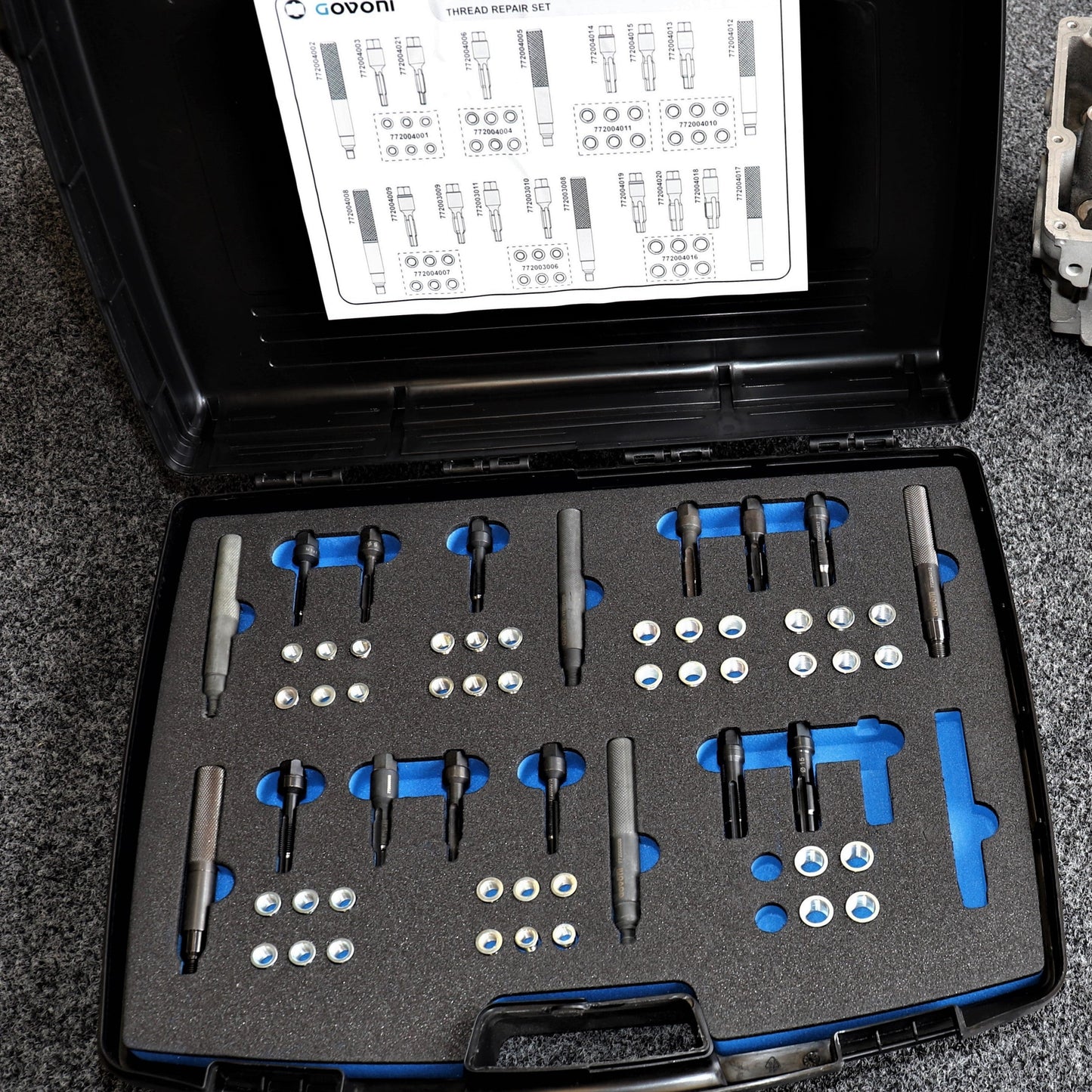 Fast and effective repair tool for damage to cylinder head glow plug threads. Set includes tools for the precise insertion of threaded inserts into the head and features a unique tap guide system to ensure their correct alignment. Includes four sizes of threaded adaptors suitable for common sizes of glow plug.