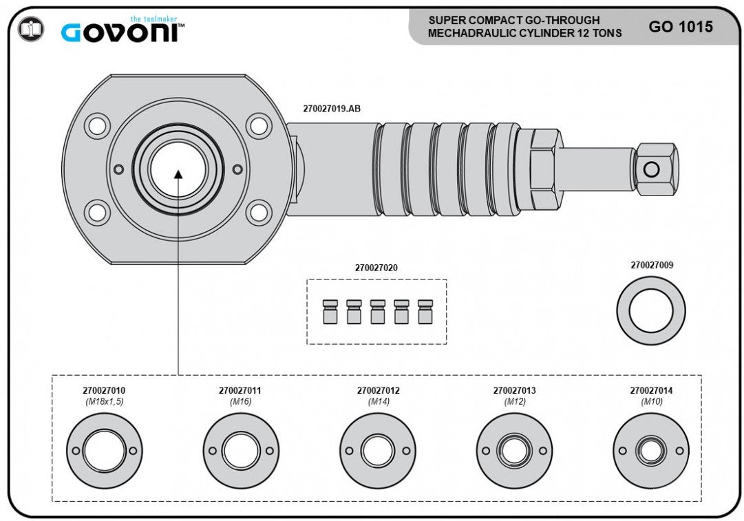 Govoni 12 Ton Mechadraulic Hollow Cylinder Ram Set - Specialist Tools Australia