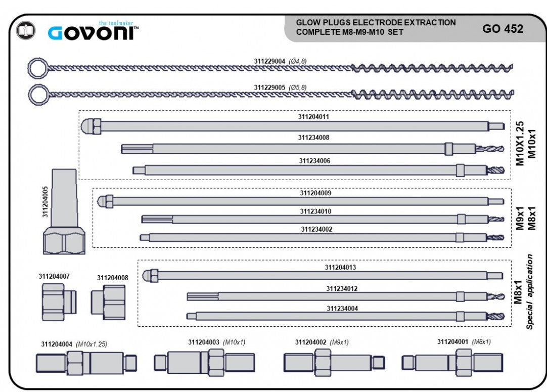 Govoni Universal Glow Plug Tip Extraction Set Deep Design, M8x1-M9x1-M10x1-M10x1.25 - Specialist Tools Australia